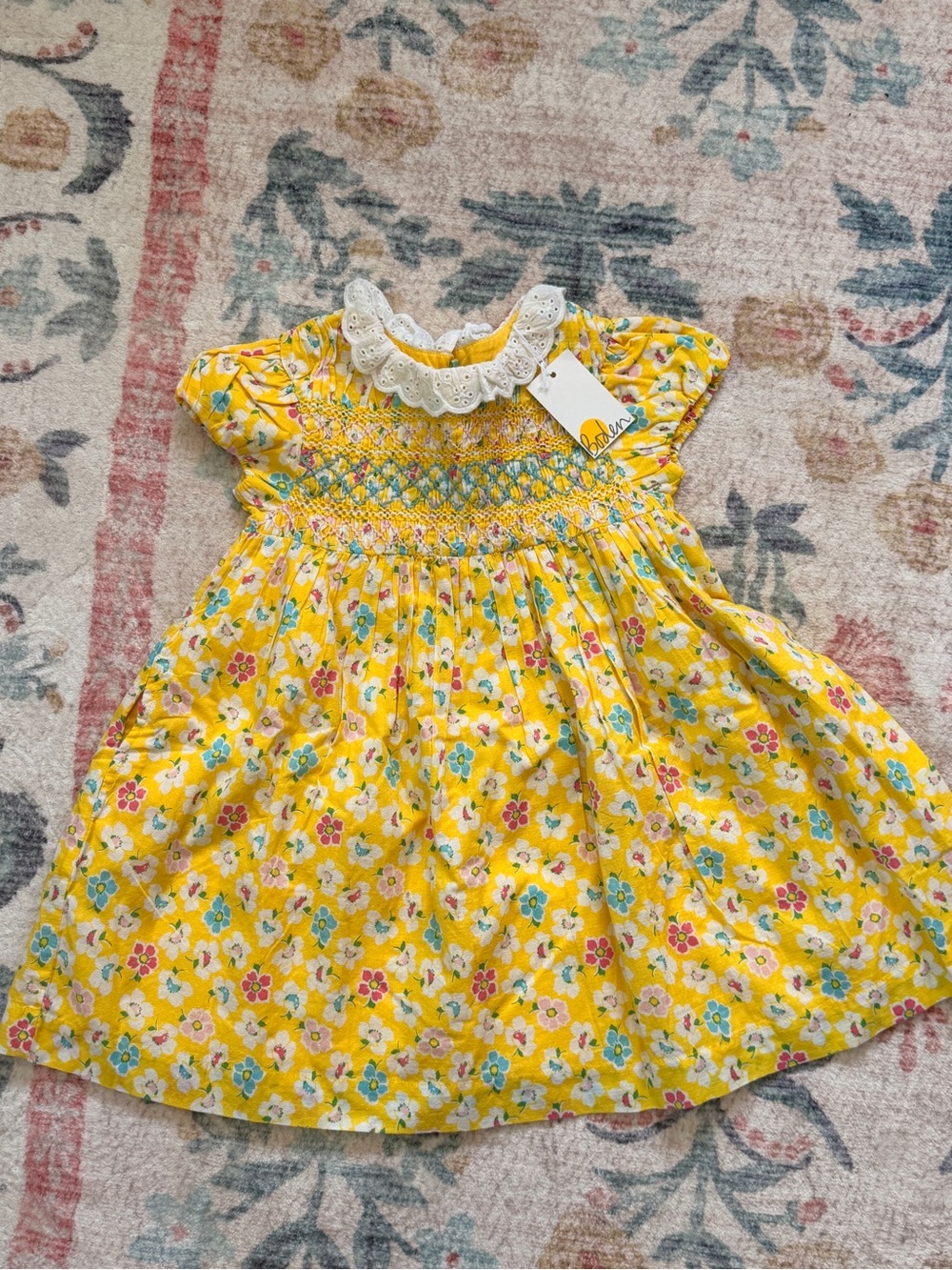Mini Boden Yellow Floral Smocked Dress with Lace Collar